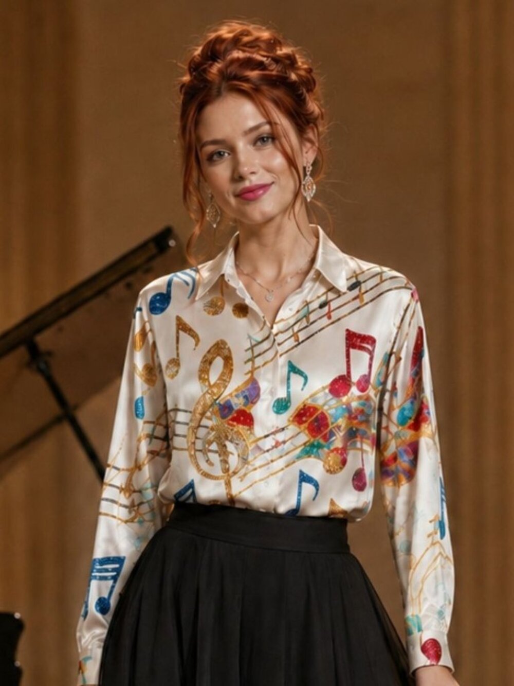 Music Note Blouse Womens S White Satin Look Whimsical Statement Shirt